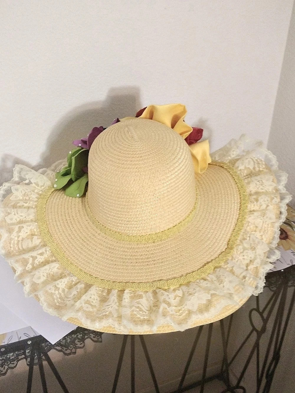 Floral Lace Sun Hat in Yellow with big flower